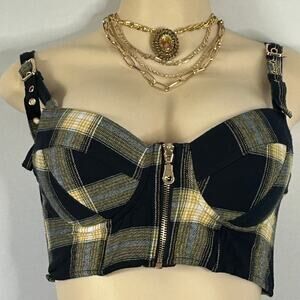 Say What Plaid Corset Crop Top Bustier Zip Front Strappy Grommet Grunge Y2K M